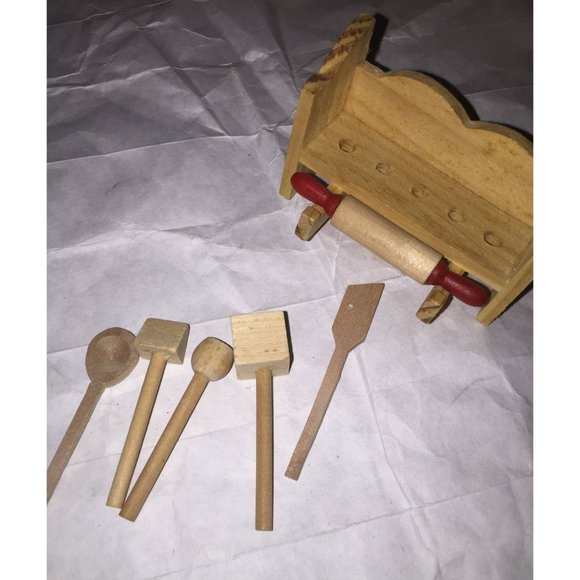 Vintage Doll Sized Wooden Kitchen Utensils & Rack Magnet - Picture 7 of 9